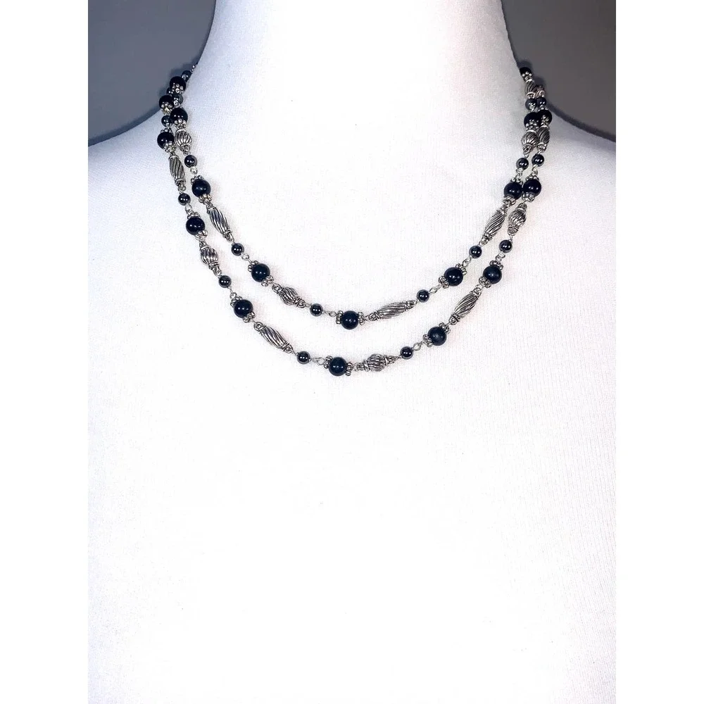 Napier Silver Black Beaded Double Strand Statement Necklace EUC - Picture 2 of 5